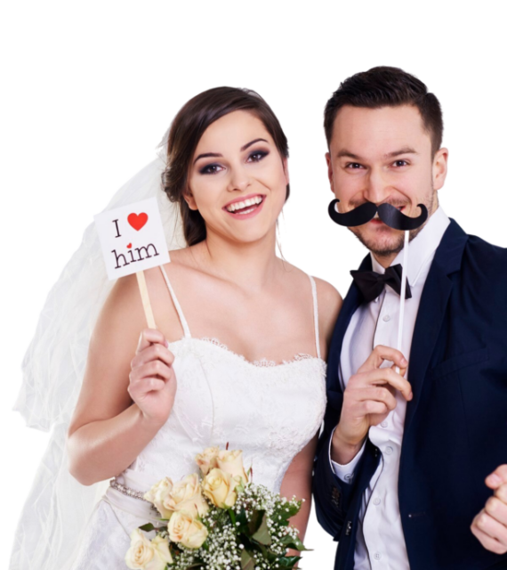 Bride and Groom with photo props.